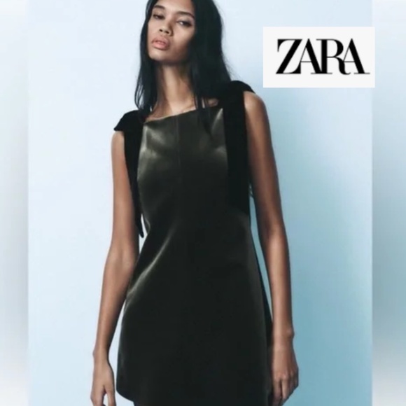 Zara Dresses & Skirts - NEW Zara Olive velvet w/ black velvet shoulder tie dress, XS, GD1114